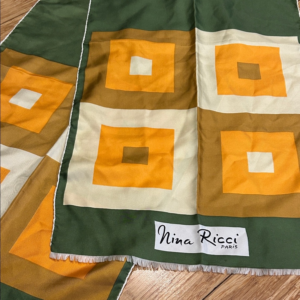 Nina Ricci Vintage 70’s Green and Orange Silk Scarf Made in France 62 x 15